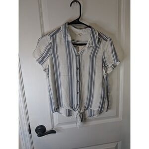 Aeropostale Womens XS Blue White Striped Short Sleeve Tie Front Button Down